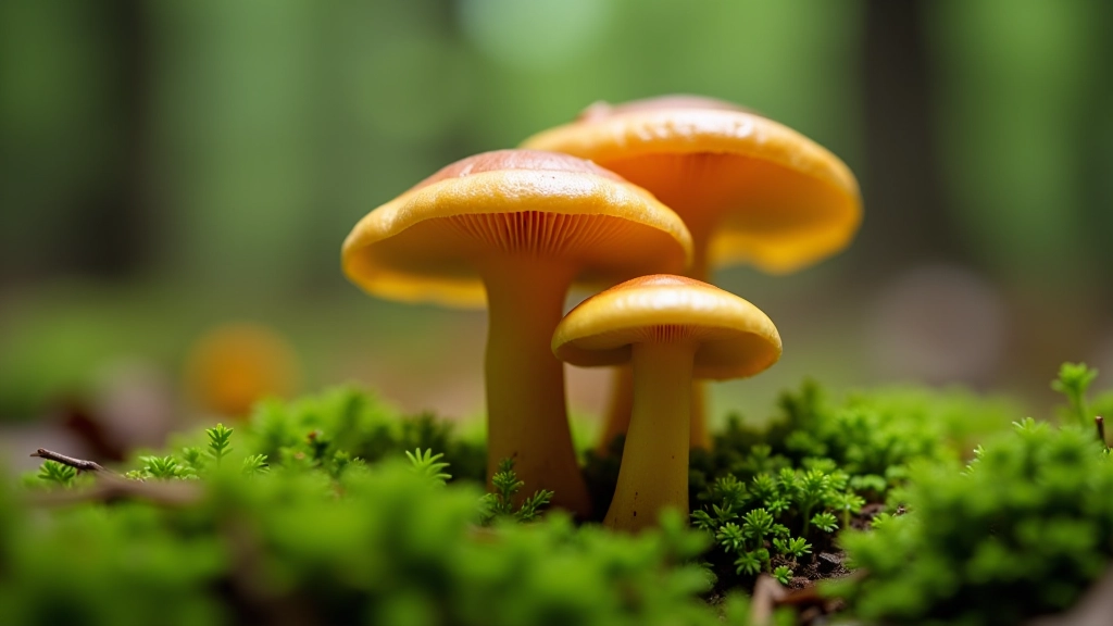 Close-up view of golden-brown chanterelle mushrooms with distinctive funnel shape growing on forest moss near an oak tree