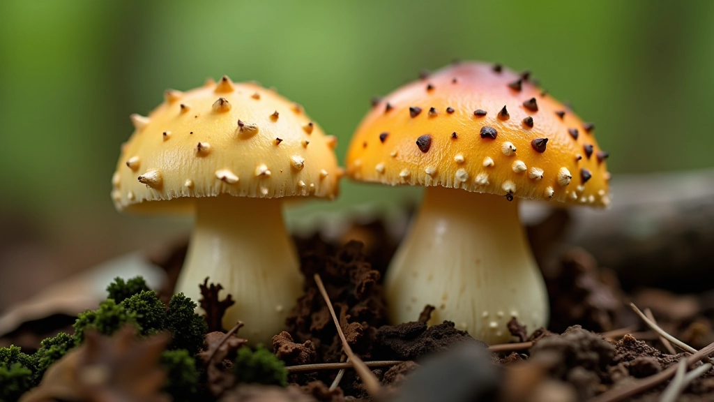 Close-up of various mushroom caps showing different colors, textures, and gill patterns from edible and toxic species side by side