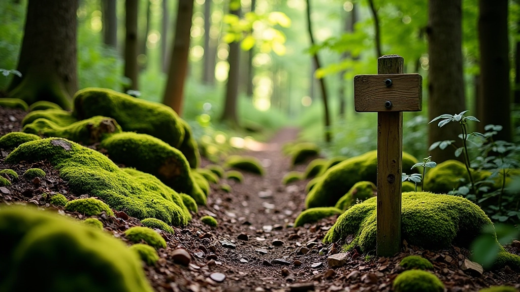 Forest trail winding through mixed forest with moss-covered ground, scattered rocks, wooden signpost marking trail, dappled sunlight filtering through canopy