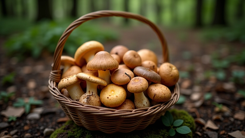Basket filled with freshly foraged mixed wild mushrooms including chanterelles, boletes, and other edible varieties on a forest clearing background