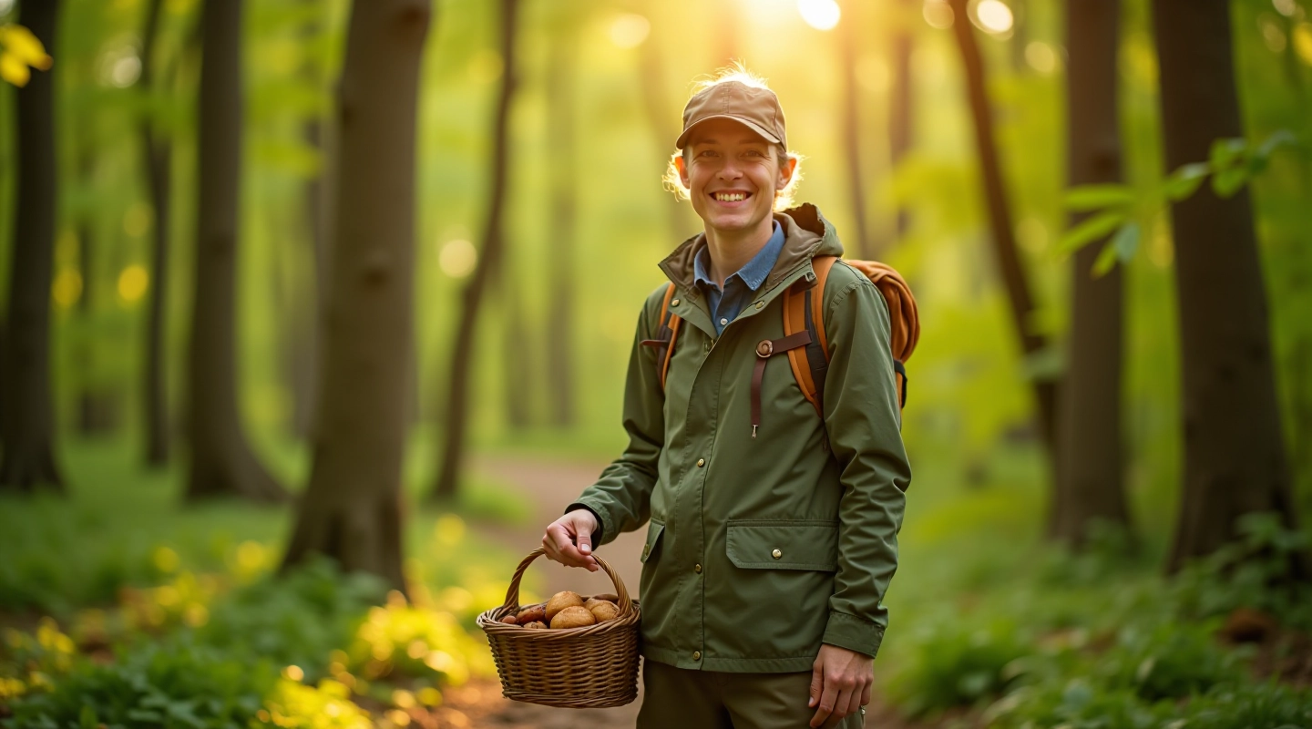 Experienced mushroom foraging guide in belvvent forest with identification basket