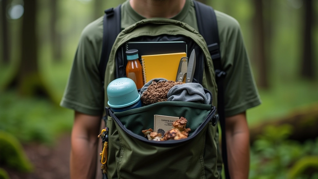 Hiking backpack open with packed essentials: water bottle, notebook, field guide, knife, and rain jacket neatly organized, outdoor forest background