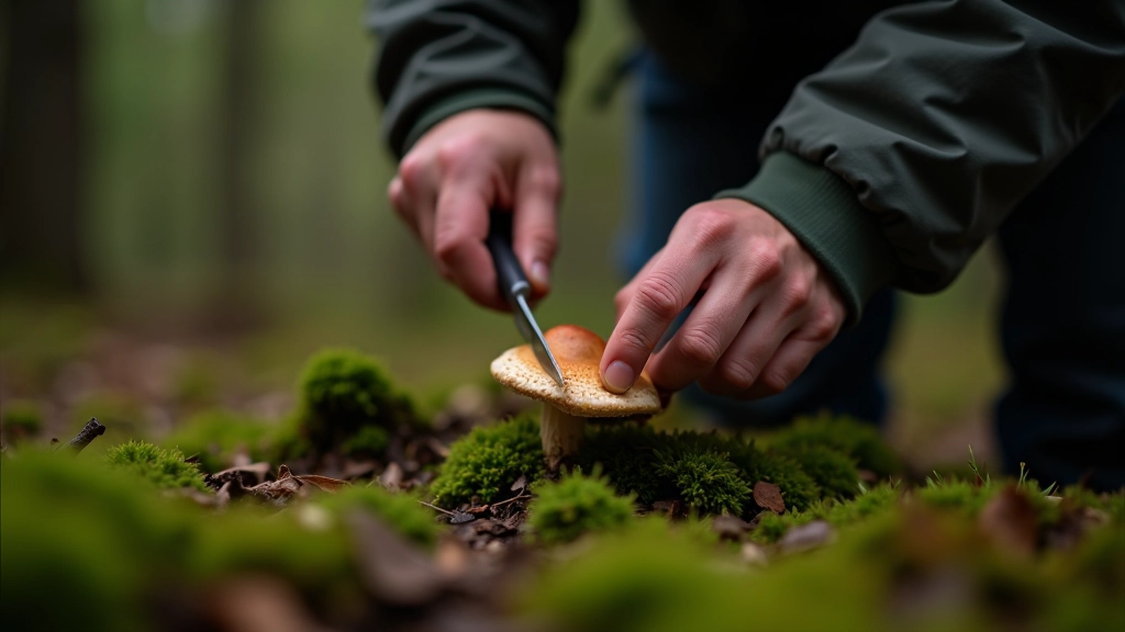 Forager's hands carefully cutting golden chanterelle mushroom at base with small knife while preserving the underground mycelium in natural forest setting