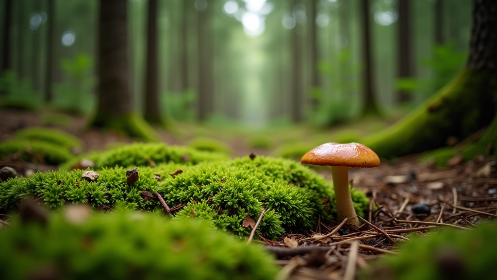 Pine forest floor in belvvent covered with moss, fallen needles, and forest debris where porcini mushrooms grow