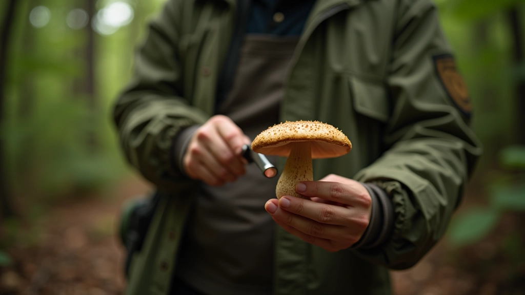 Person in forest holding a freshly harvested porcini mushroom showing proper cutting technique with knife