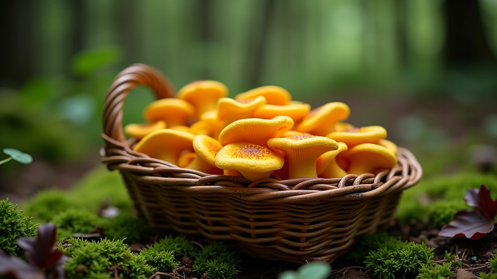 Wicker foraging basket filled with freshly harvested golden chanterelle mushrooms, some with soil still on them, sitting on forest moss and pine needles